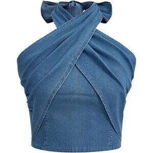 Women's Denim Halter Tank Top Sleeveless Ruched Crisscross Tie Neck